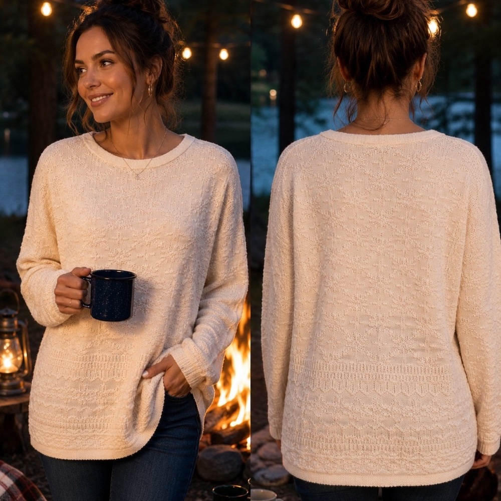 A Knitch Above. Cream textured knit sweater with lace-like pattern #cozy